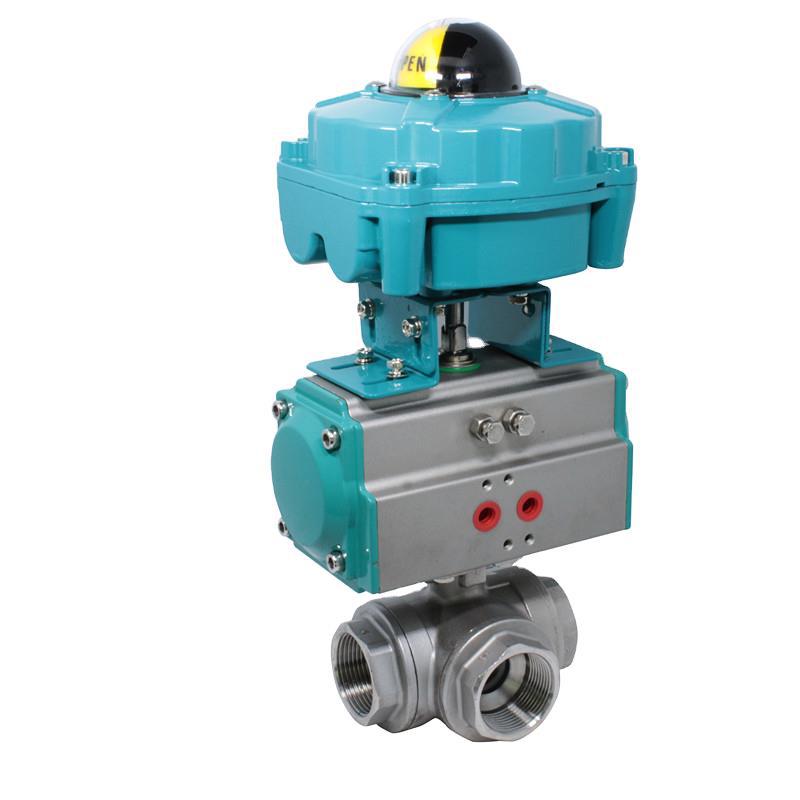 不锈钢双作用气动三通球阀合流T型分流L型流向切换丝扣内螺纹