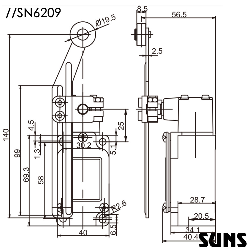 SUNS美国三实偏轴滚轮摆臂行程开关SN6209安全限位开关尺寸图