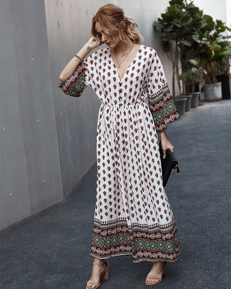 autumn new women s printed v-neck bohemian waist contrast stitching new dress NSKA1055