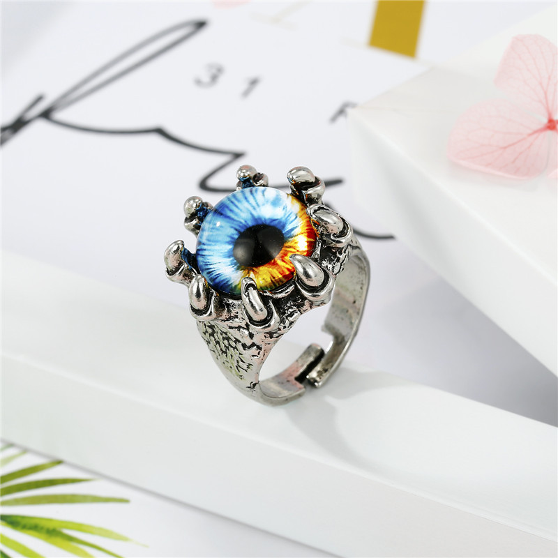 European Trend Retro Domineering Ring Personalized Punk Devil Eyes Antique Silver Open Ring Men Cros