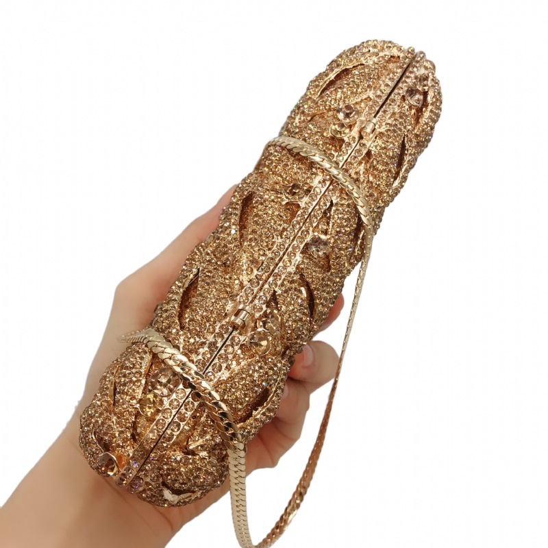 Túi clutch nữ đính đá kim cương dạ hội kim loại cắt gọt, kèm dây xương cá 48 cm — màu vàng, đen đỏ, màu đen, Kim cương vàng trên vàng chi tiết 21