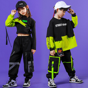 Children Boy girls black with green hip-hop street dance costumes gogo dancers rapper stage performance outfits for boys girls model show clothes for kids