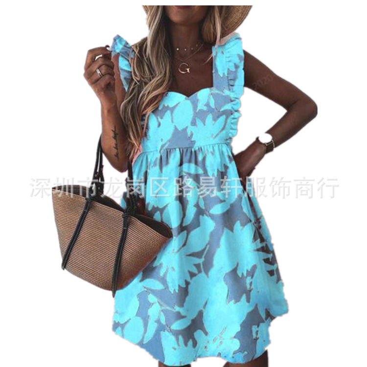 Spot 2023 Summer new women's clothing Amazon hot European and American explosions square collar printed fashion large swing dress