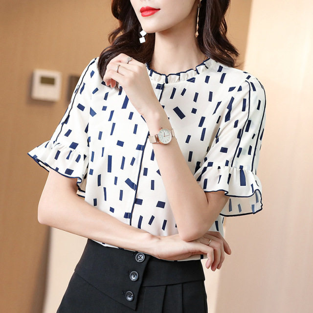 Summer White Short Sleeve Silk Shirt Top Women’s print popular all-around mulberry silk T-shirt