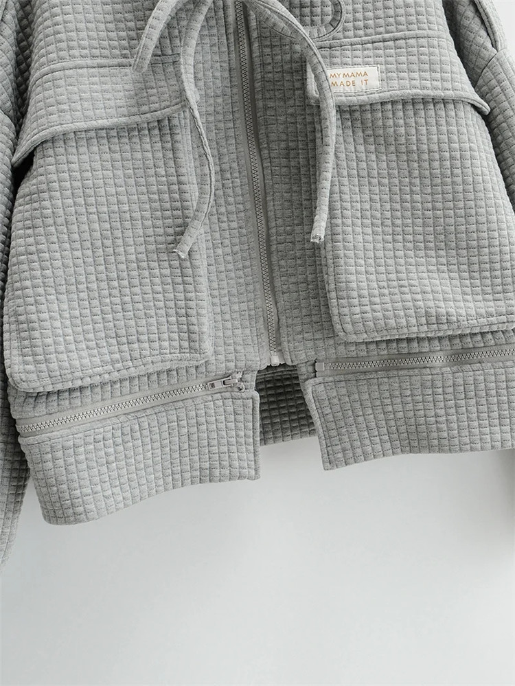 zipper casual simple big pocket plaid short jacket  NSLD12304