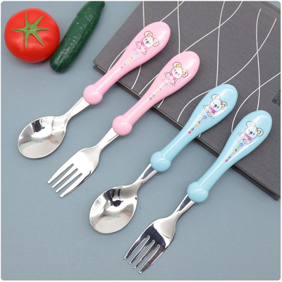 儿童辅食短柄叉勺宝宝学吃饭训练勺子不锈钢餐具创意卡通母婴批发|ms