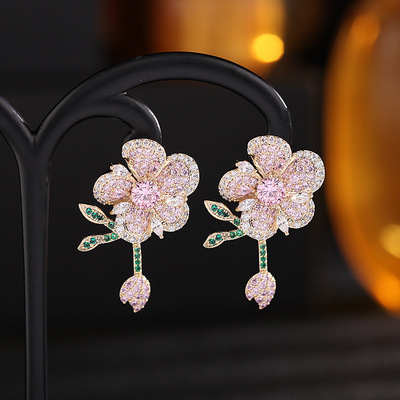 zircon three dimensional Flower Earrings smart Leaf Earrings Silver Needle Earrings