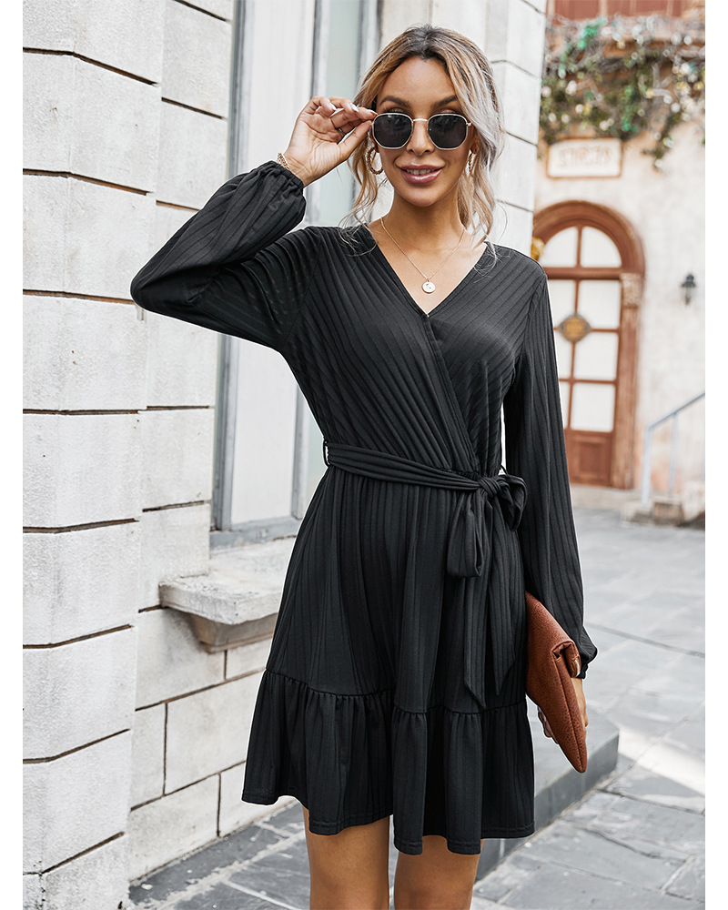 women s clothing 2020 new autumn elegant v-neck tie rope dress NSKA210