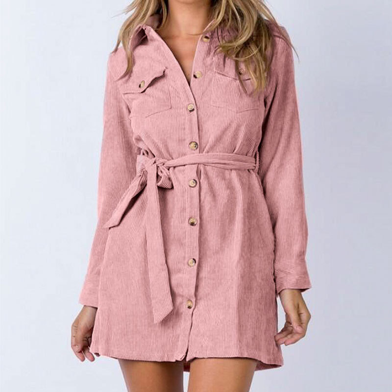 跨境秋冬连衣裙2020新款速卖通亚马逊灯芯绒系带中长款开衫短裙女