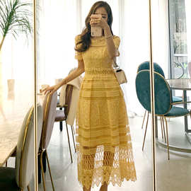 修身短袖连衣裙夏新款韩版气质花边领性感蕾丝镂空收腰A字长裙