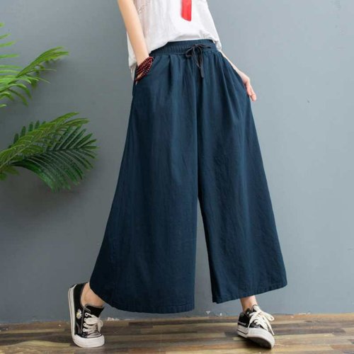 Women's Summer Thin Cotton Linen Wide Leg Pants  New Large Size Casual Linen Hemmed Pants