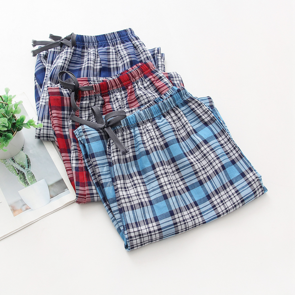 Spring and summer men's shorts cotton thin pajama pants loose plus size home pants lace Plaid casual pants foreign trade