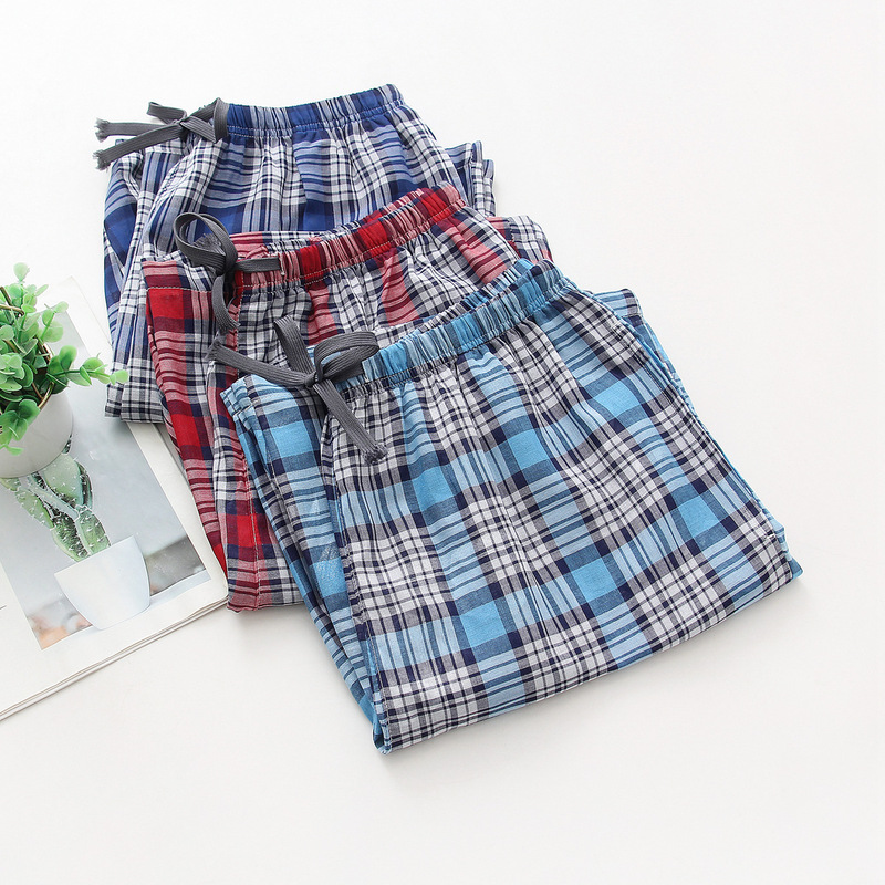 Spring and summer men's shorts cotton thin pajama pants loose plus size home pants lace Plaid casual pants foreign trade
