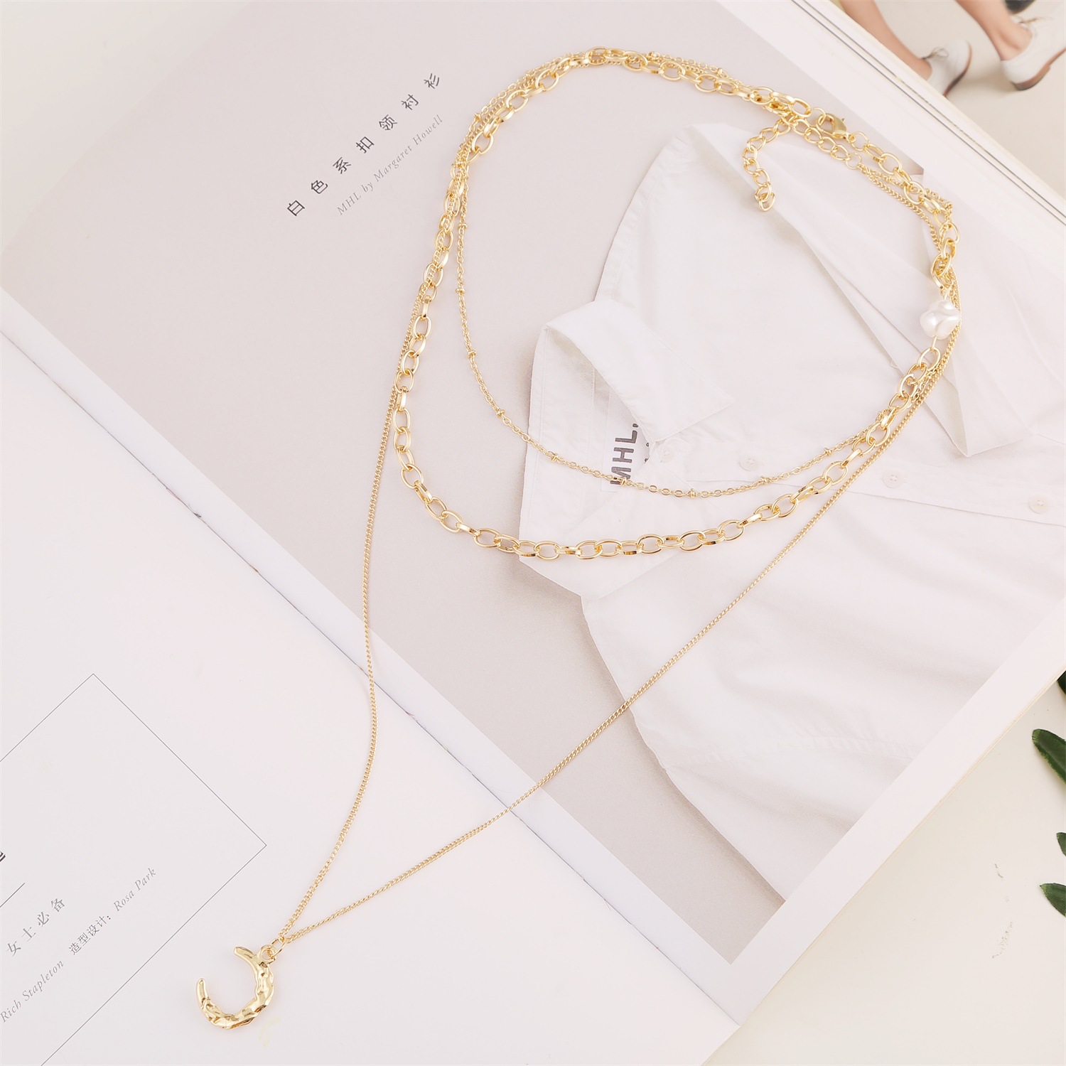 New Fashion Geometric Moon Pendant Necklace Multilayer Alloy Necklace Wholesale display picture 3