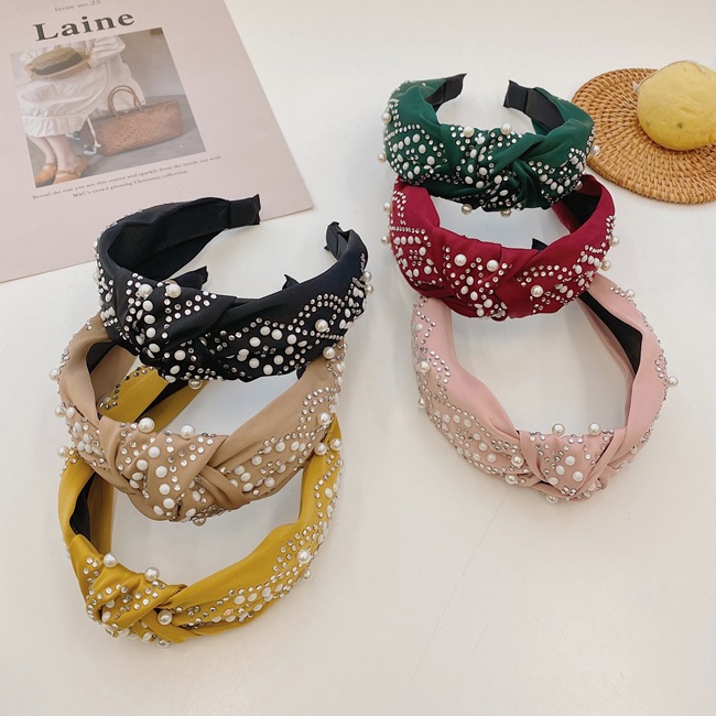 Hot Selling Fashion Pure Color Hair Bundle Knotted Fabric Beaded Headband display picture 2