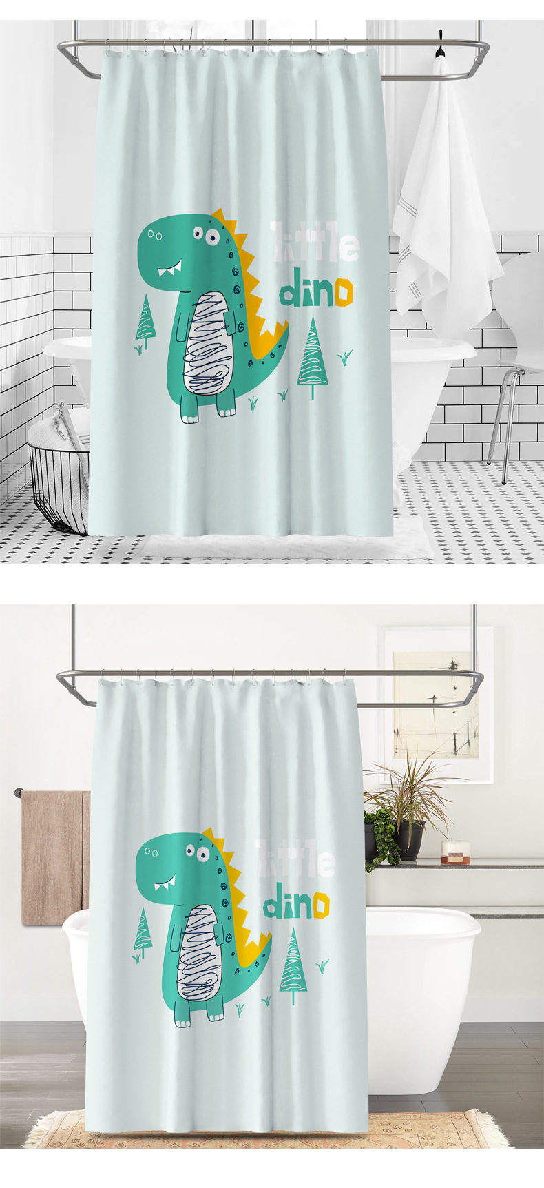 Cortina de ducha dinosaurio verde con estampado de animales_voghion.com
