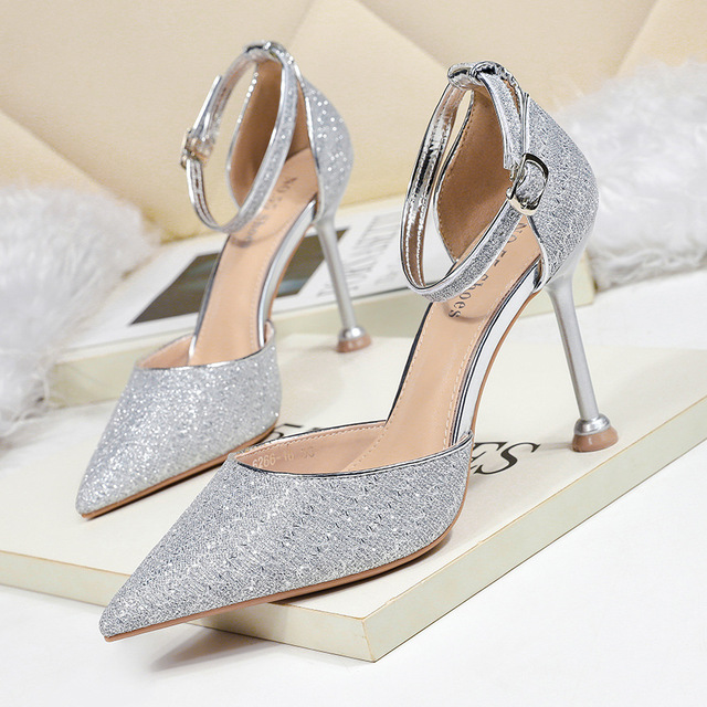 Fashion pointy shallow one word high heels sequins stiletto sandals