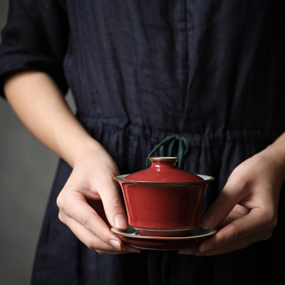 景德镇手工盖碗季红开片盖碗单个仿烫厂家直销盖碗单个大号家用