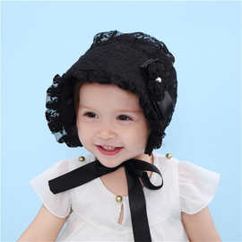 韩版婴幼儿套头帽宝宝帽子丝带蕾丝宫廷帽男女童帽子小公主包头帽