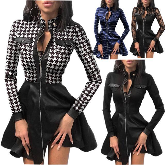 Pu Leather High Waist Long Sleeve Zipper Slim Dress NSYF12452