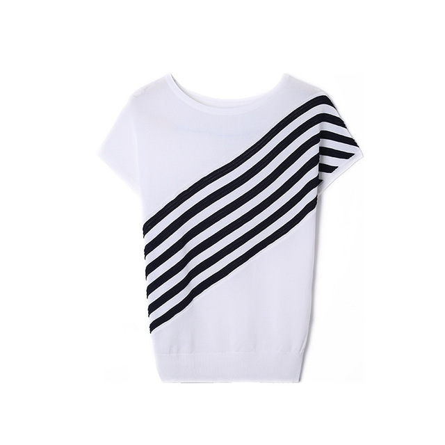 Stripe short sleeve top summer loose thin knitwear fashion ice silk round neck T-shirt for women