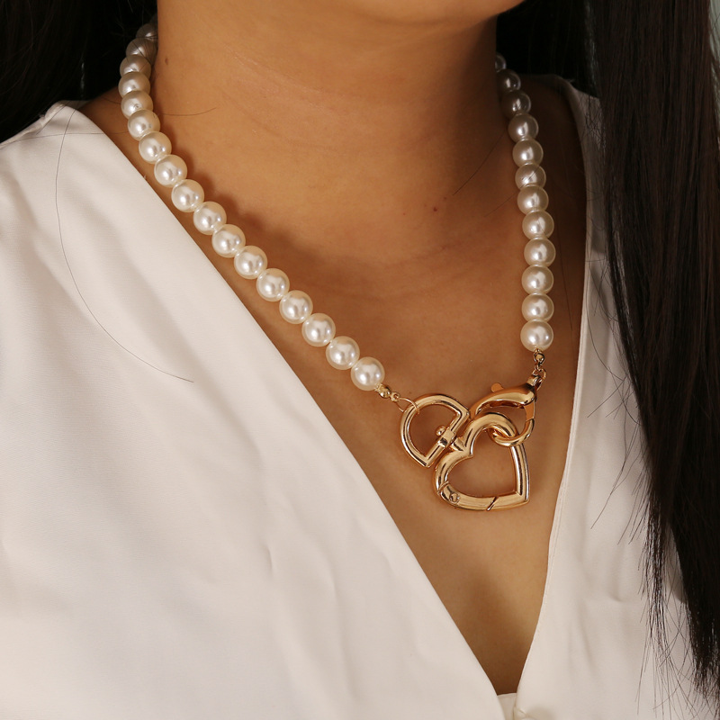 heart lobster clasp pearl clavicle chain