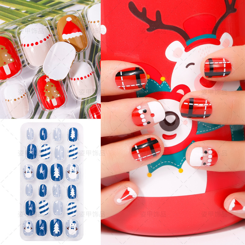 Finished nail piece Children wear nail pieces 24 pieces of cartoon Christmas fake nails detachable nail stickers with glue back