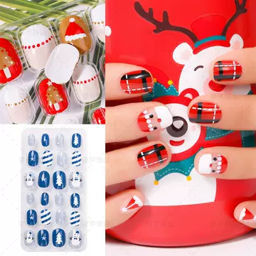 Finished nail piece Children wear nail pieces 24 pieces of cartoon Christmas fake nails detachable nail stickers with glue back - ShopShipShake