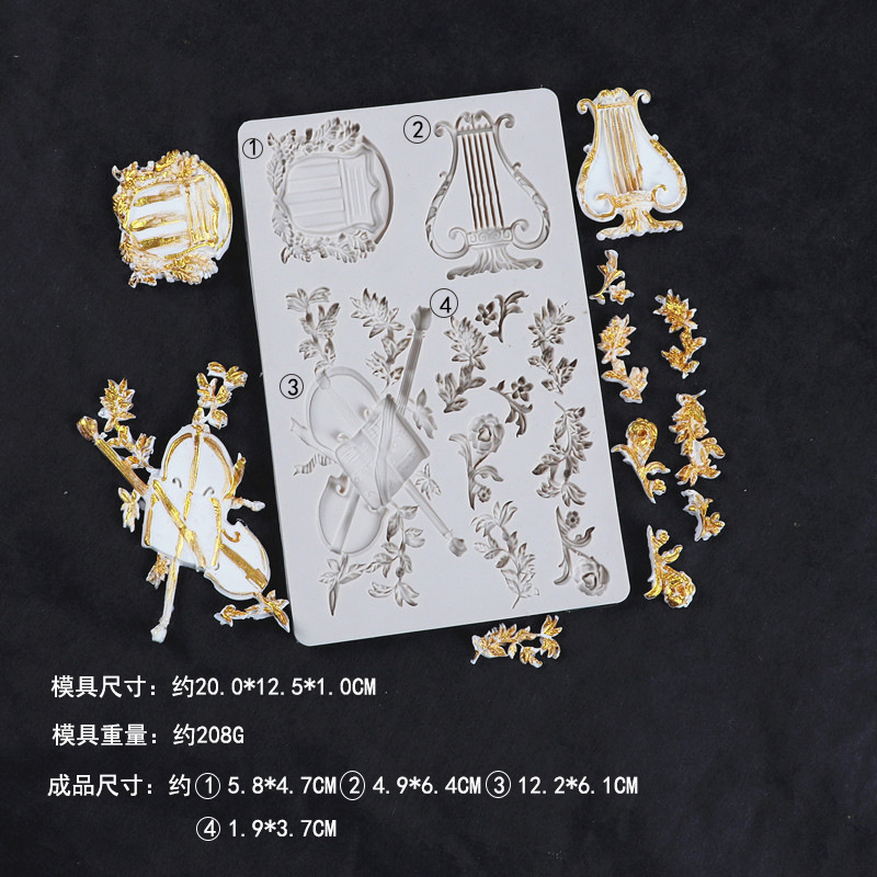 Corte de estilo europeo molde de pastel de fondant vintage arpa cello molde de silicona ritmo seco molde fondant de chocolate