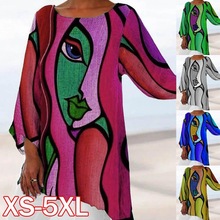 现货！欧美新款人脸长袖休闲衬衫上衣时尚印花宽松t恤大码女装