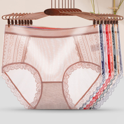新款性感镂空蕾丝女士内裤大码无痕透明网纱纯棉抗菌裆女士三角裤|ms
