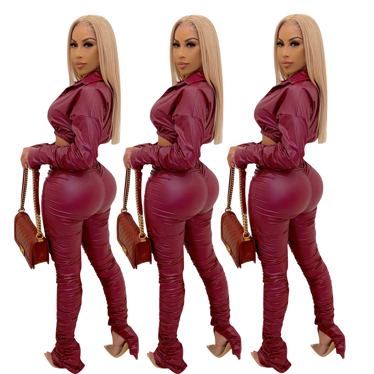 Women's Sexy Solid Color Pu Pants Sets display picture 14