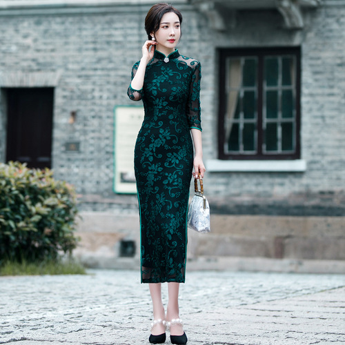 Chinese Dress Qipao for women cheongsam Double layer flocking cheongsam