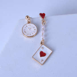 韩国流行少女 梦幻时钟扑克不对称耳钉 创意韩版耳饰个性长款饰品