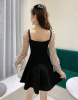 V-neck low chest open back waist A-line umbrella swing skirt bottom skirt wave point long sleeve dress