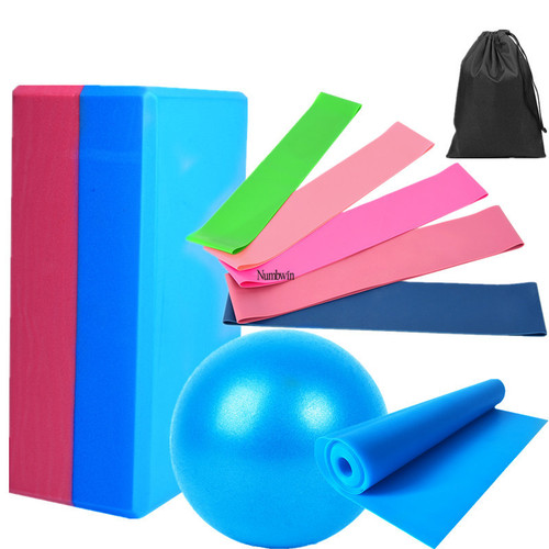 Nine-piece set of yoga bricks, two-color exercise bricks, latex butt abuse rings, 5-piece set, 25cm yoga balls, yoga elastic bands