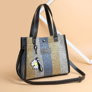 dnins Super Hot Bag Women's 2020 Korean Style Trendy Striped Tote Bag Textured Canvas Women's Bag with Daisy Pendant