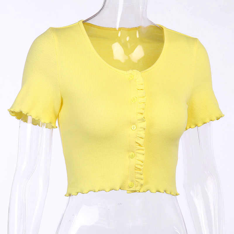 summer new solid color ribbed short-sleeved button blouse  NSSU28829