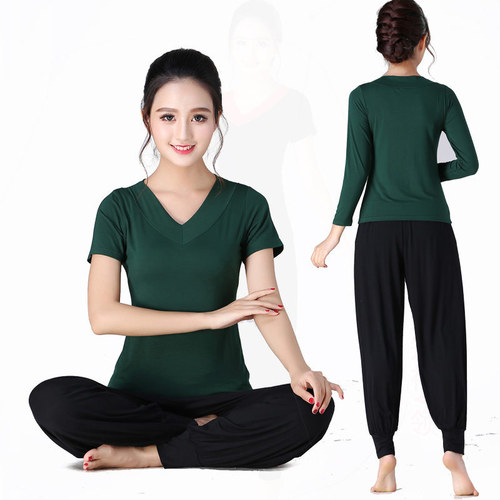 Middle-aged and elderly square dance clothing new yoga suit long and short sleeves large size dance practice fitness women's dance clothing