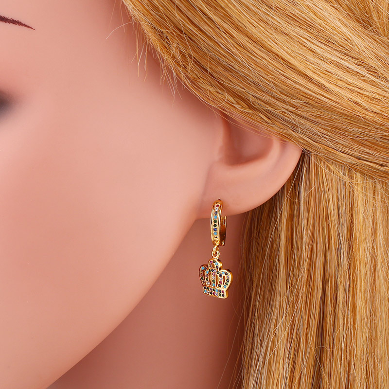 New  Micro-inlaid Color Zircon Crown Fashion Five-pointed Star Cooper Earrings display picture 9