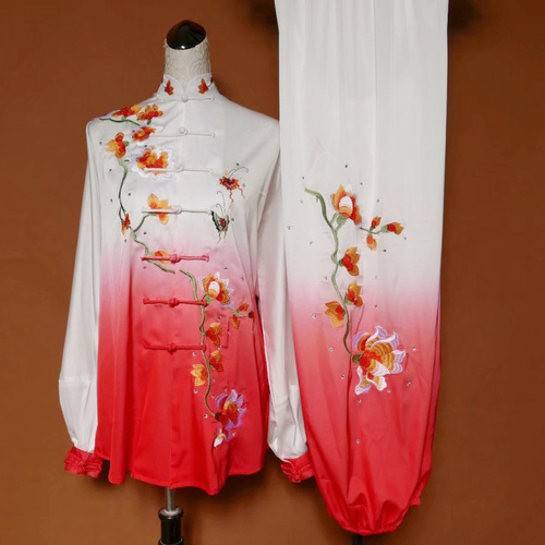 Tai chi clothing chinese kung fu uniforms red and white gradually changing Tai suit
