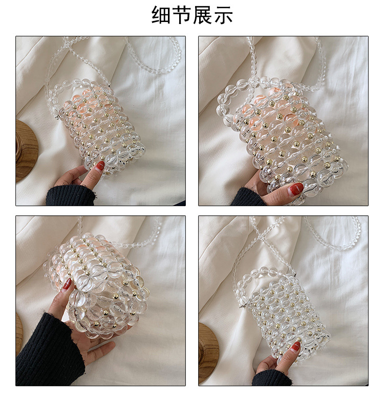 Crafts Transparent Beads Dinner Bag Beaded Bag Round Barrel Small Handbag Pearl Basket Bag Shoulder Portable display picture 3