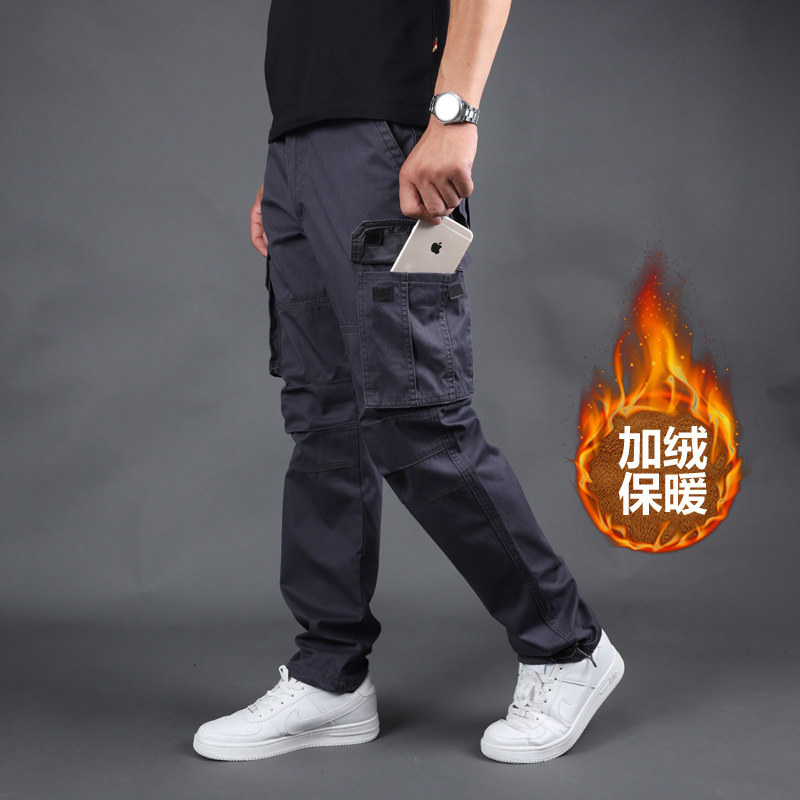 Otoño e Invierno nuevo multi-Bolsillo overoles de los hombres sueltos pantalones casuales rectos de algodón más tamaño cintura elástica pantalones largos resistentes al desgaste