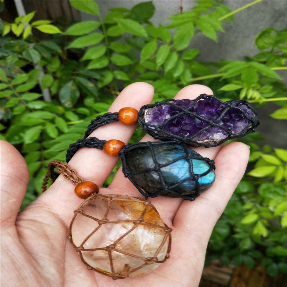 Extra grande 5,5 cm bolsa de malla tejida COLLAR COLGANTE ajustable retráctil bolsa de malla tejida hecha a mano soporte de malla cuerda vintage