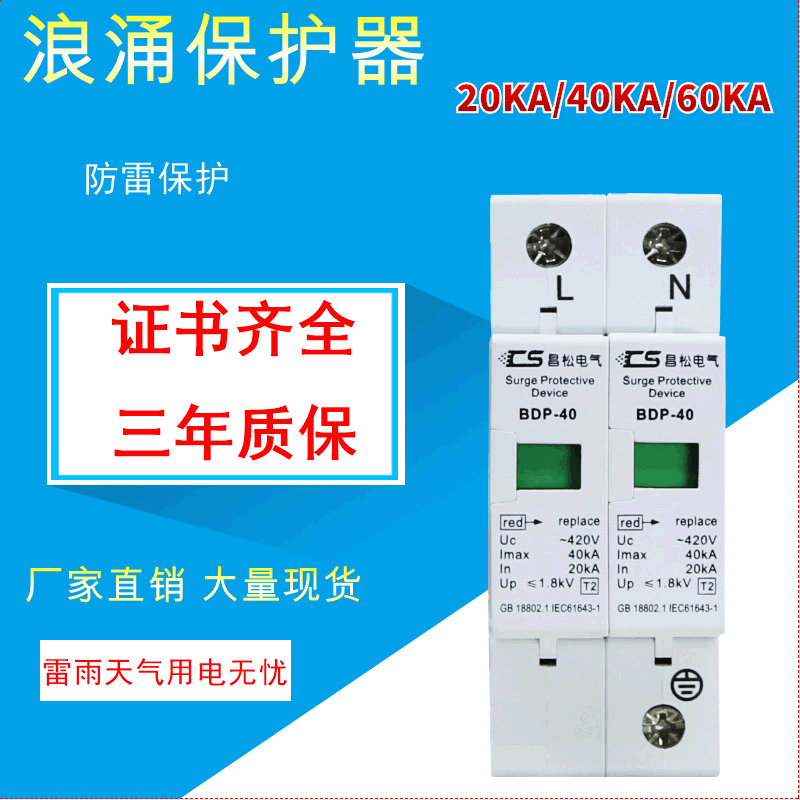 浪涌保护器2p 20KA 电涌避雷器 电源防雷器2p20ka 电涌spd保护