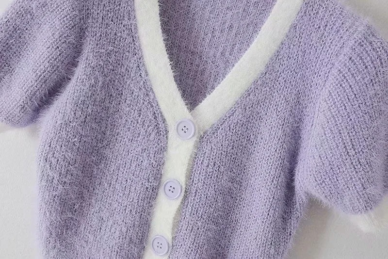 Slim Short Purple Short-Sleeved Knitted Sweater Cardigan NSZQW115406