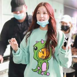 虞书欣鹿晗同款恐龙笑脸圆领薄荷绿长袖卡通潮牌宽松情侣卫衣女