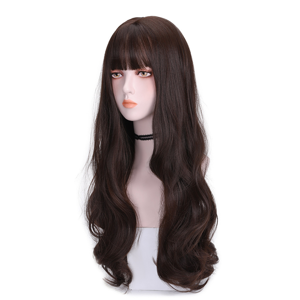 Perruque synthétique bouclée à la mode pour Jeune fille aux cheveux longs et petite frange ondulée_voghion.com