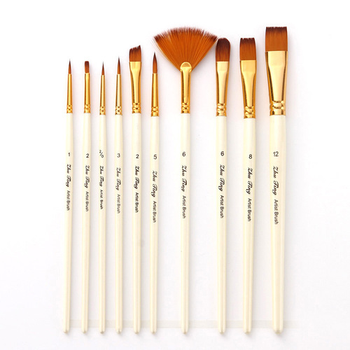 Art painting supplies 10-piece paint brush set, pearl white with fan-shaped nylon hair paint brush, oil paint brush set