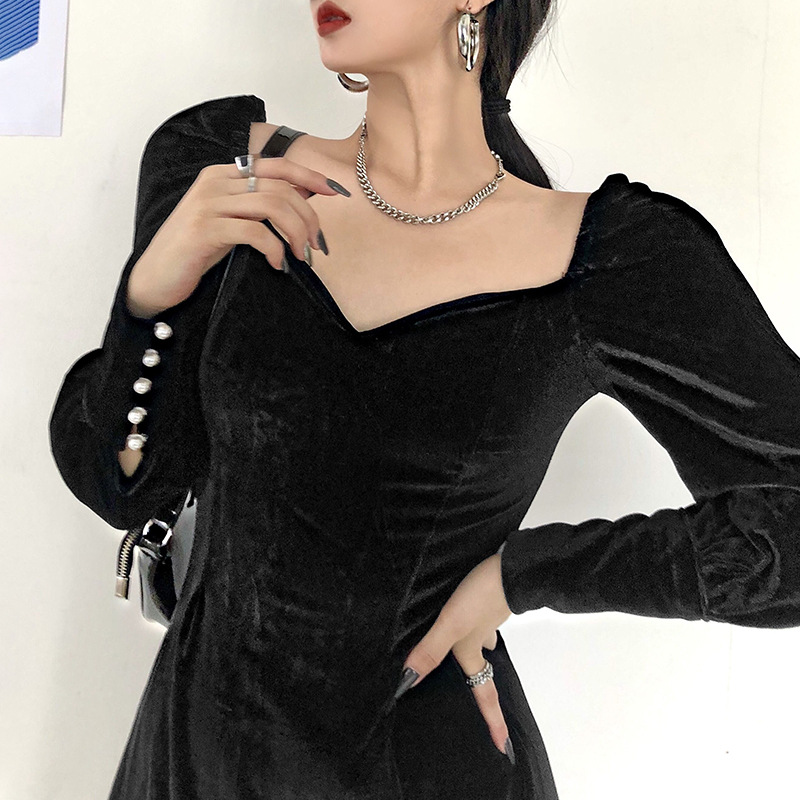 wish跨境欧美外贸女装V领复古宫廷风显瘦丝绒长袖连衣裙2021新款